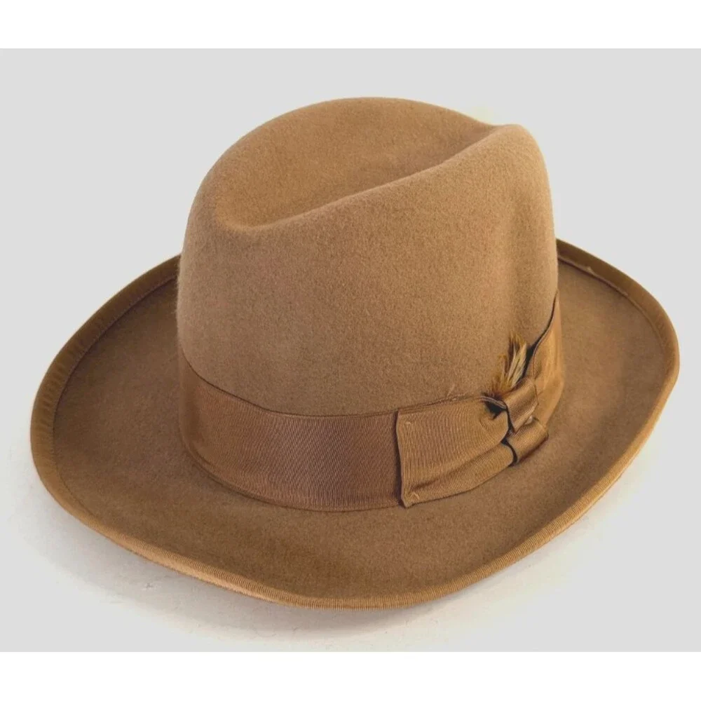 Vintage Shin Jin NY Camel Fedora 100% Wool Felt Hat w/Feather Size M USA Made